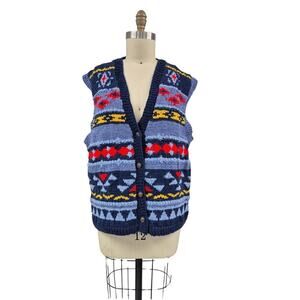 80s 90s VTG Ugly Hand Knit Wool Sweater Vest Blue/Red/Yellow Unisex  Size L OOAK